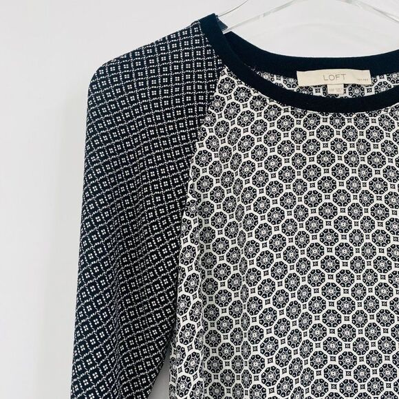 LOFT Size XXSP Black & White Geometric Print Long Sleeve Popover Blouse Top - Picture 4 of 9